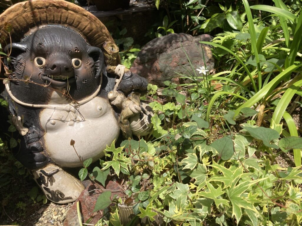 春の庭、信楽たぬき